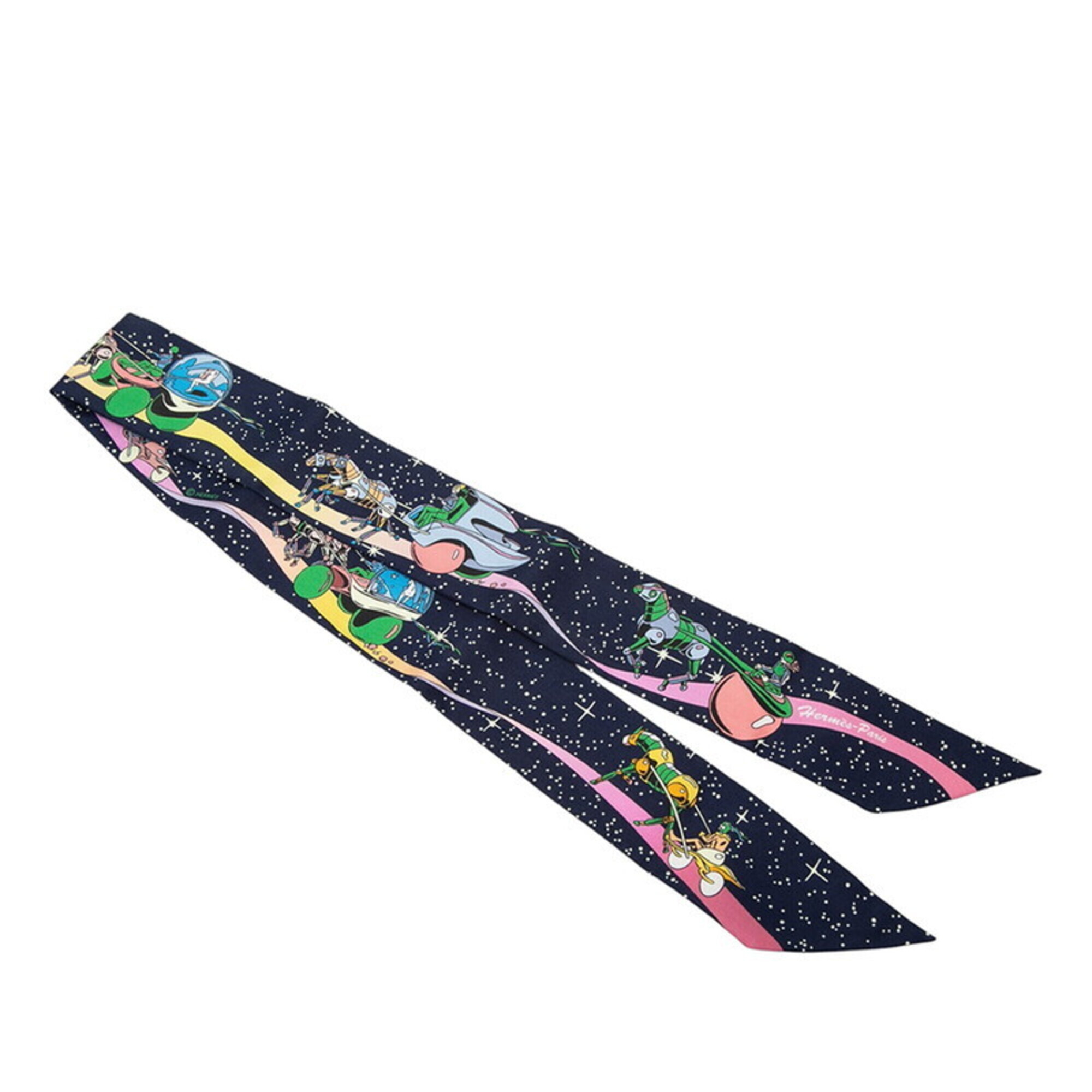 Hermes Twilly Space Derby Scarf/Muffler, Navy Multicolor Silk, Women's
